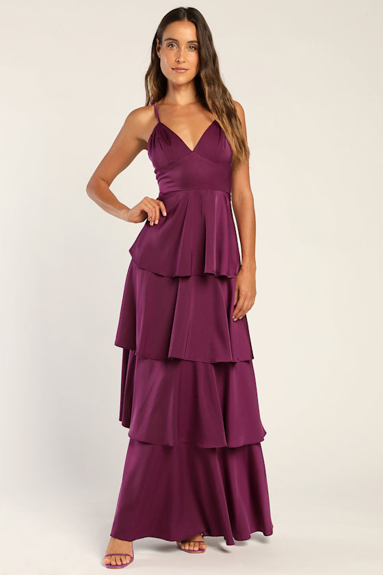 Going with Elegance Plum Purple Satin Tiered Maxi Dress