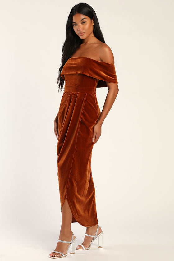 I'm Enchanted Navy Blue Velvet Off-the-Shoulder Maxi Dress