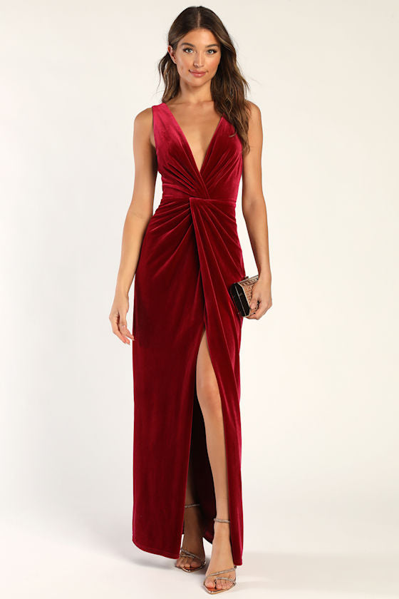 Beautiful Evenings Dark Teal Velvet Twist-Front Maxi Dress
