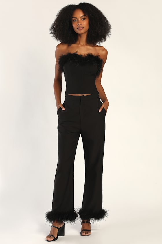 Flair for the Fabulous Black Feather Straight Leg Pants