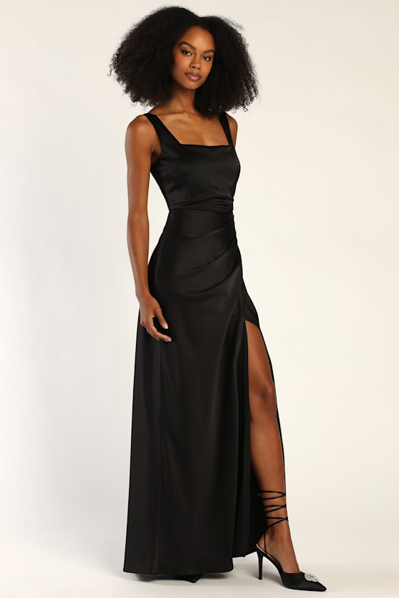 Red Carpet Romance Light Blue Satin Square Neck Maxi Dress