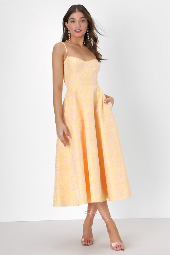 Meet for Tea White Jacquard Bustier Midi Dress With Pockets #Color_Yellow