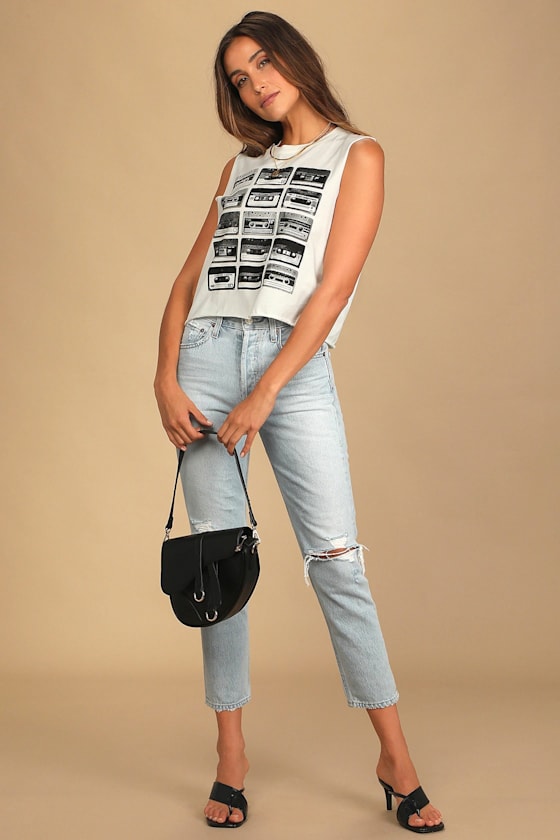 Cassette Washed Black Cropped Graphic Muscle Tank Top