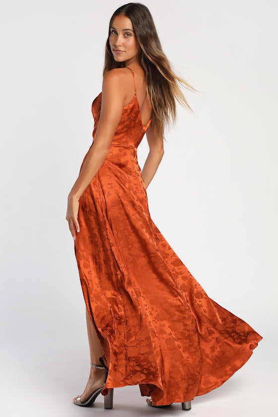 Simply Dreamy Emerald Green Satin Floral Jacquard Maxi Dress