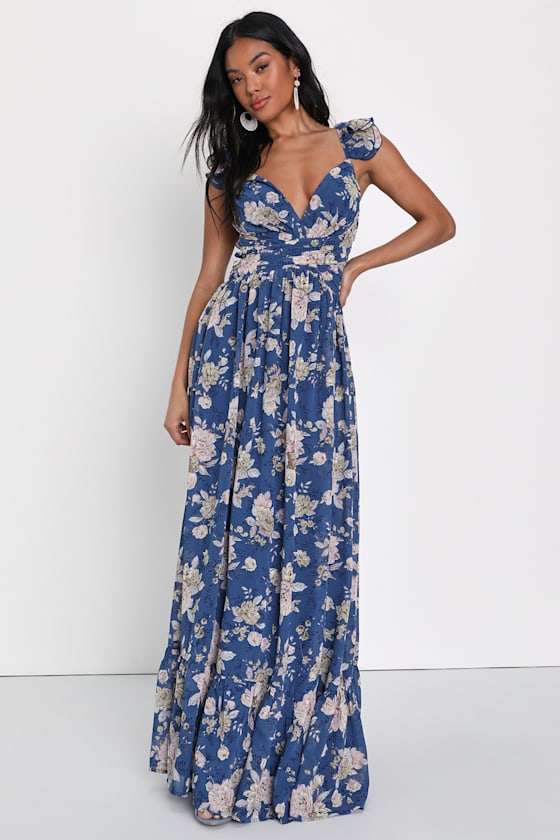 Soiree Celebration Blue Floral Ruffled Lace-Up Maxi Dress #Color_Blue Floral
