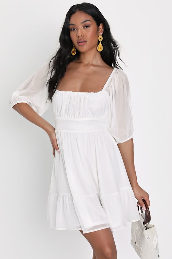Ethereal Arrival White Puff Sleeve Tie-Back Chiffon Mini Dress #Color_White