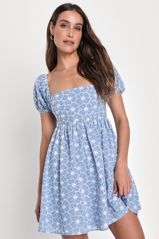 Fit to Frolic Blue Eyelet Lace Puff Sleeve Babydoll Dress #Color_Blue