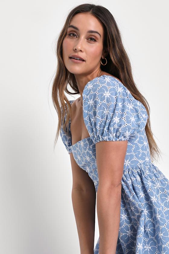 Fit to Frolic Blue Eyelet Lace Puff Sleeve Babydoll Dress #Color_Blue