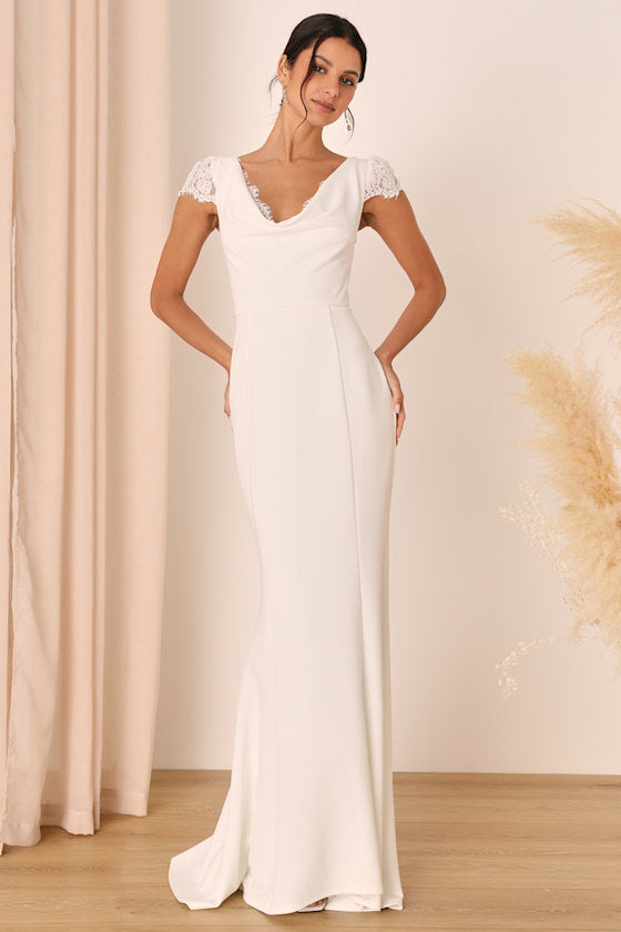 Forever Beloved White Lace Cap Sleeve Mermaid Maxi Dress #Color_White