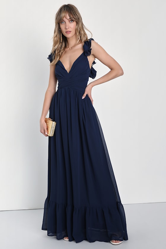 Soiree Celebration Blue Floral Ruffled Lace-Up Maxi Dress #Color_Navy Blue