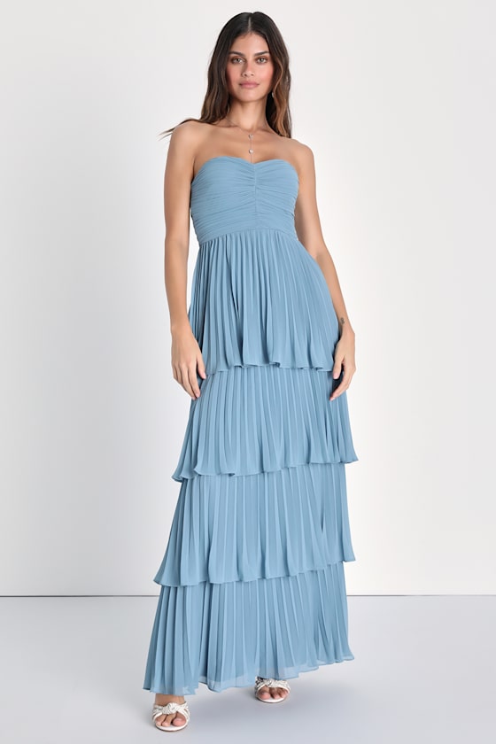 Seriously Sensational Navy Blue Strapless Tiered Maxi Dress #Color_Light Blue