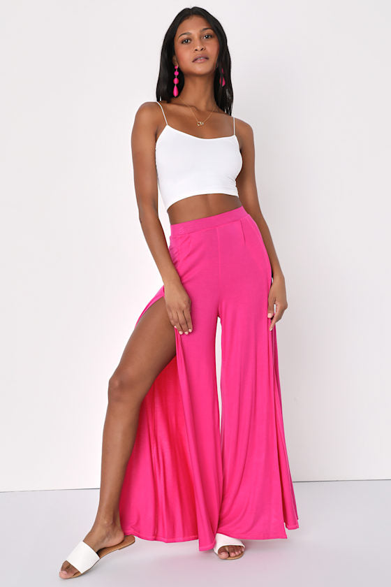 Knockout Black Knit Wide-Leg Slit-Front Pants