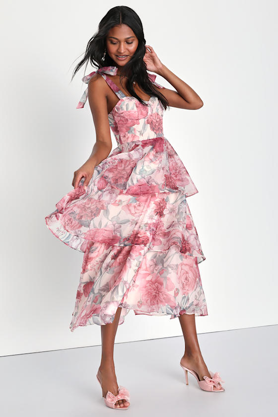 Playfully Posh Blue Floral Organza Tie-Strap Tiered Midi Dress
