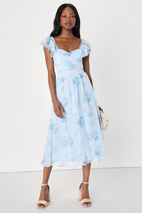 Loveliest Darling Light Green Floral Ruffled Tie-Back Midi Dress #Color_Light Blue Floral