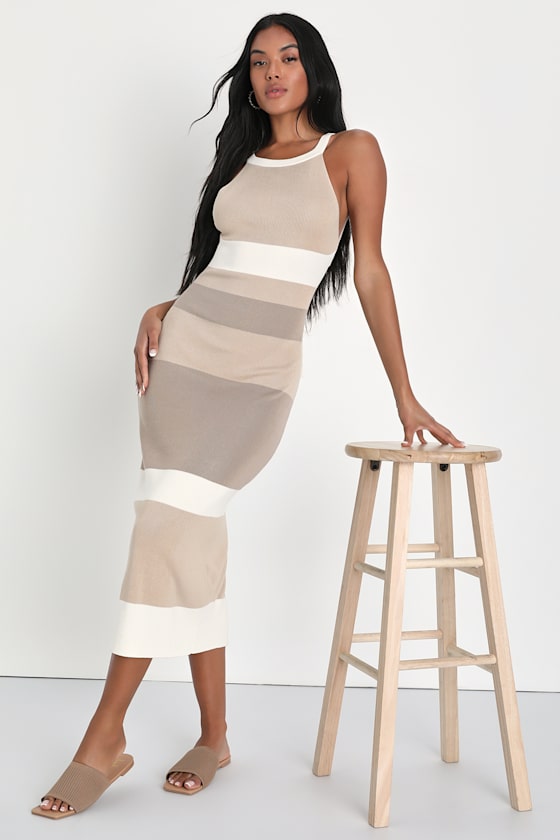Chic Obsession Beige Striped Tie-Back Sleeveless Sweater Dress #Color_Beige Striped
