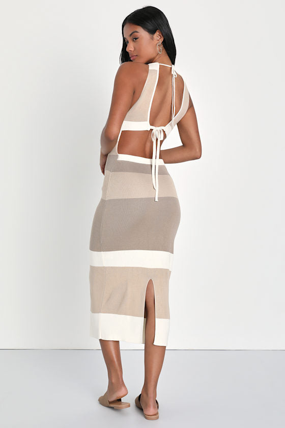 Chic Obsession Beige Striped Tie-Back Sleeveless Sweater Dress #Color_Beige Striped