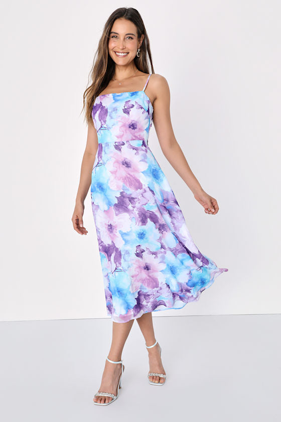 Radiant Feelings Navy and Pink Floral Chiffon Midi Dress