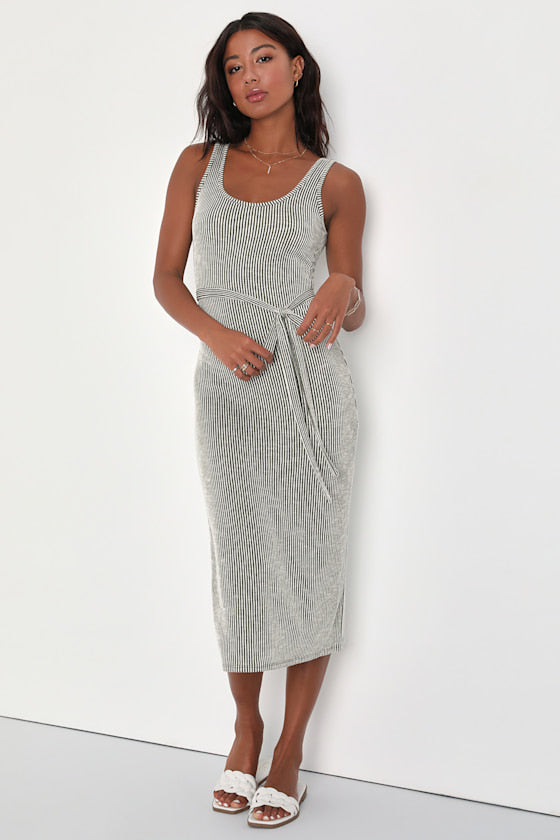 Summer Perfection Taupe and Ivory Striped Ribbed Midi Dress