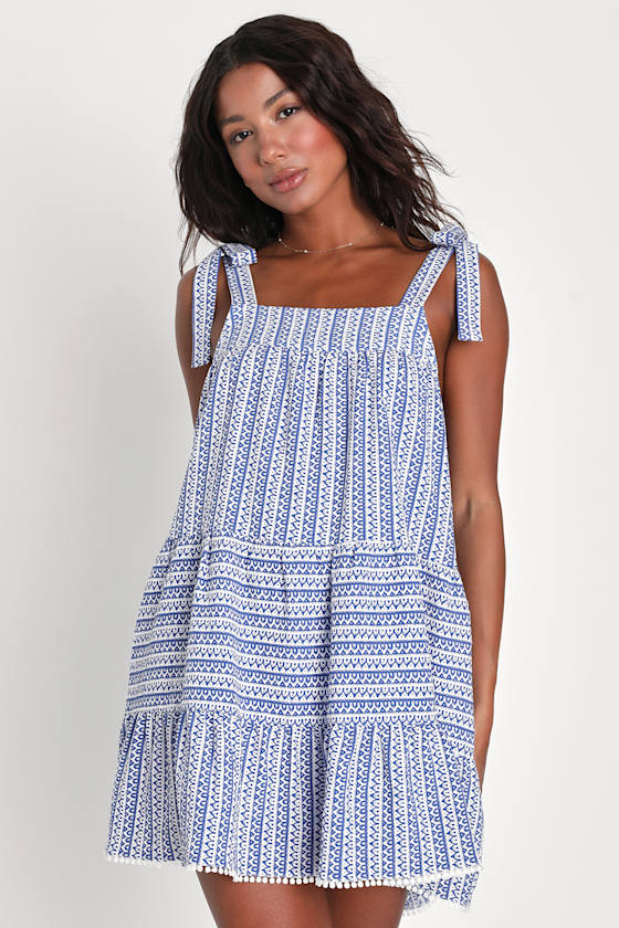 Chic in Santorini Blue and White Tie-Strap Dress With Pockets #Color_Blue and White