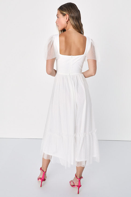 Dreamy Celebration White Tulle Bustier Swiss Dot Midi Dress #Color_White
