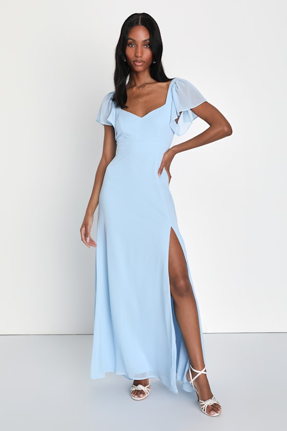 Simply Delightful Light Blue Tie-Back Flutter Sleeve Maxi Dress #Color_Light Blue