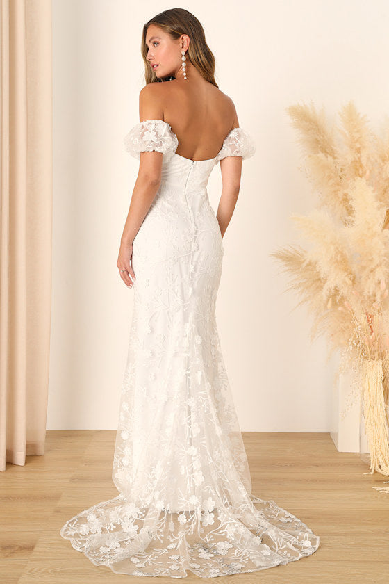 Magical Beginnings White 3D Floral Embroidered Maxi Dress #Color_White