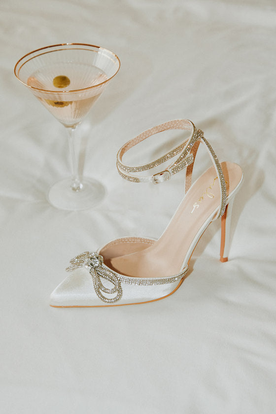 Lullie White Satin Rhinestone Ankle Strap Pointed-Toe Pumps #Color_White