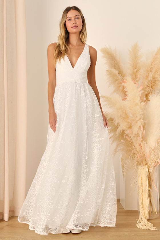 Sweetest Beloved White Mesh Embroidered Sleeveless Maxi Dress #Color_White