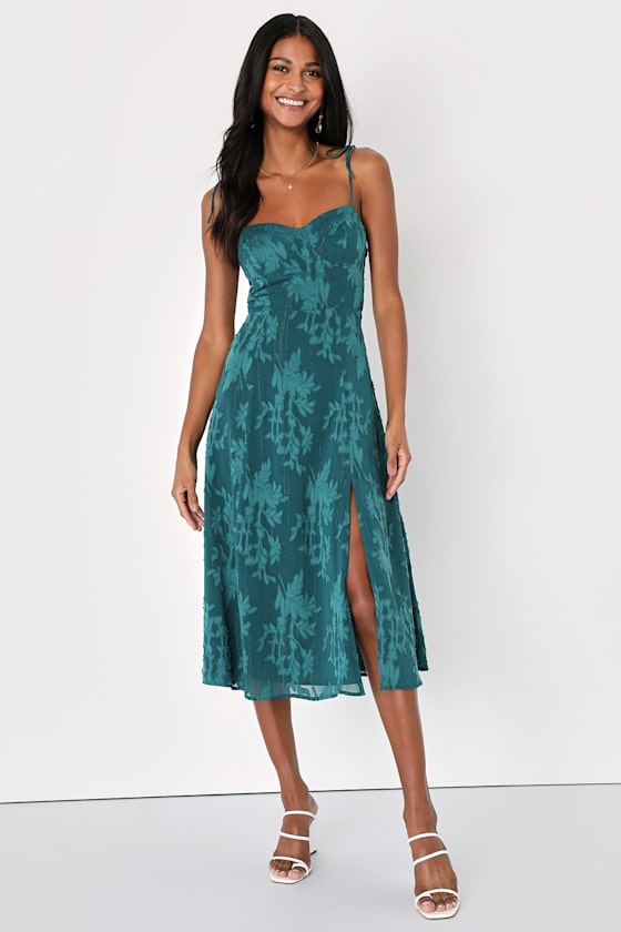 Loveliest Looks Dusty Blue Floral Jacquard Tie-Strap Midi Dress #Color_Emerald Green