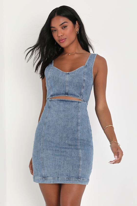 Charming Edge Light Blue Denim Cutout Mini Dress #Color_Light Blue