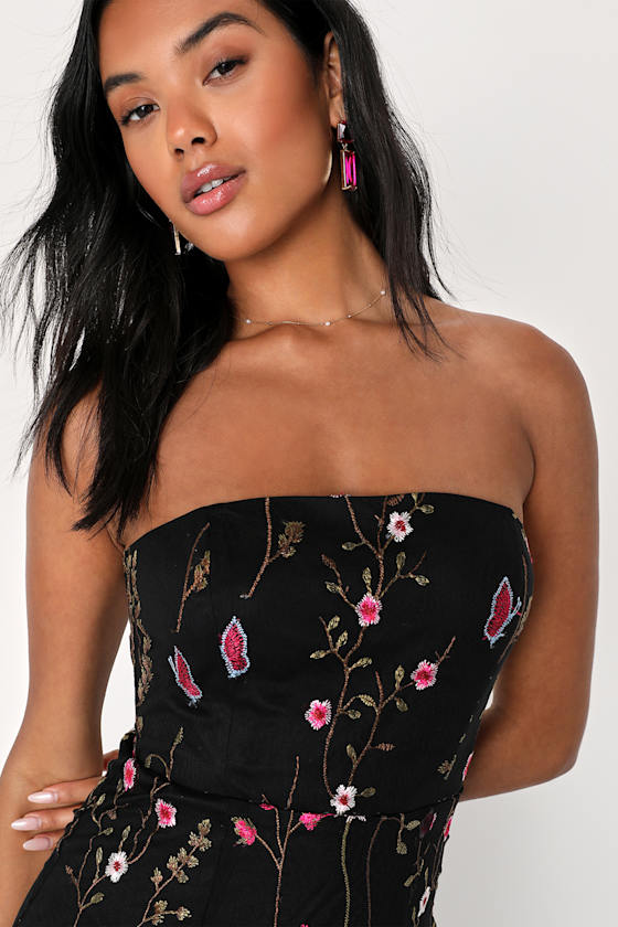 Bold Botanicals Pink Floral Embroidered Strapless Midi Dress