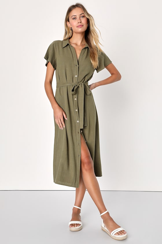 Italian Summer Black Linen Button-Up Short Sleeve Midi Dress