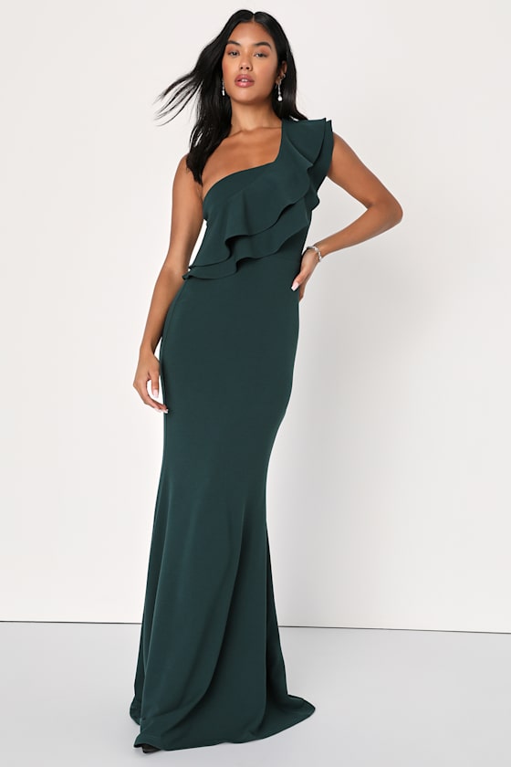 Grand Beauty Black Ruffled One-Shoulder Mermaid Maxi Dress #Color_Emerald