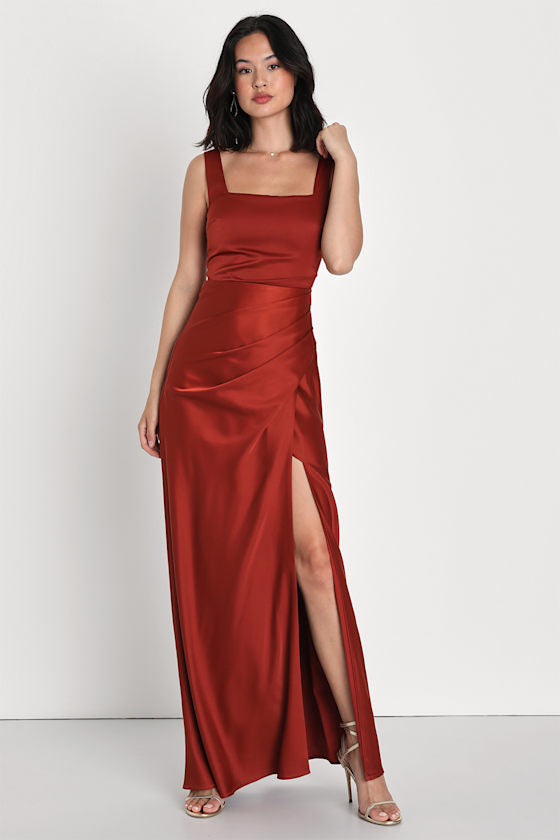 Red Carpet Romance Light Blue Satin Square Neck Maxi Dress #Color_Rust Orange