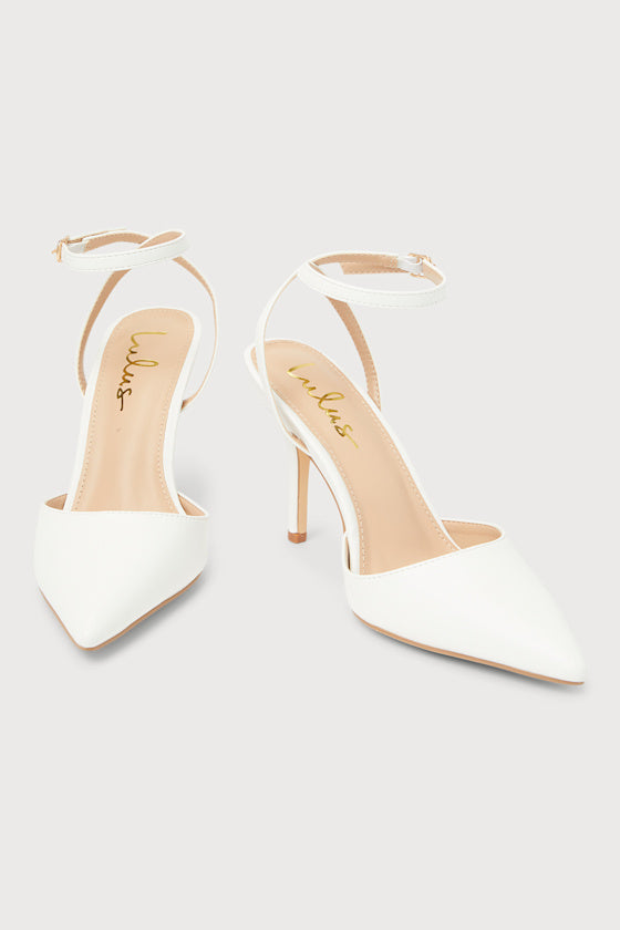 Azalian White Pointed-Toe Ankle Strap Heels #Color_White