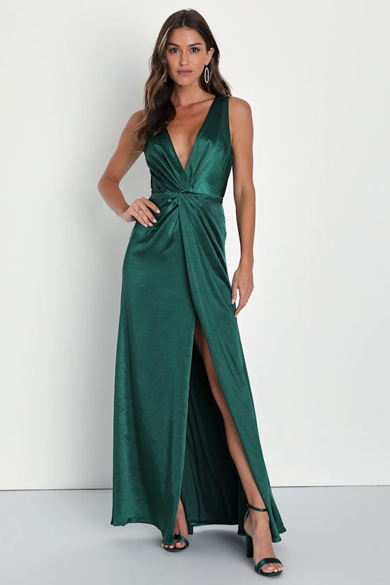 Perfect Refinement Emerald Satin Sleeveless Pleated Maxi Dress #Color_Emerald