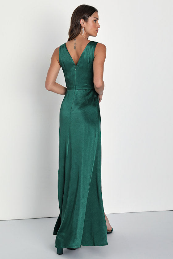 Perfect Refinement Emerald Satin Sleeveless Pleated Maxi Dress #Color_Emerald