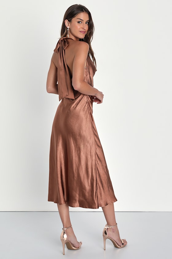 Sophisticated Impression Brown Satin Backless Cowl Midi Dress #Color_Brown