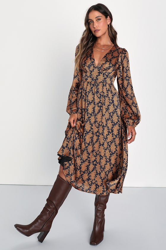 Graceful Impression Black and Orange Floral Print Midi Dress #Color_Black and Orange Floral Print