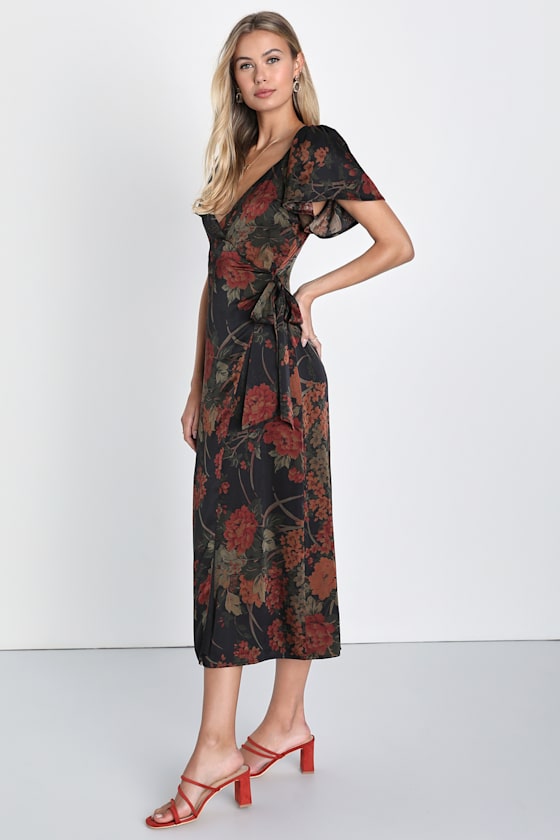 Subtle Elegance Black Floral Print Faux Wrap Midi Dress #Color_Black Floral Print