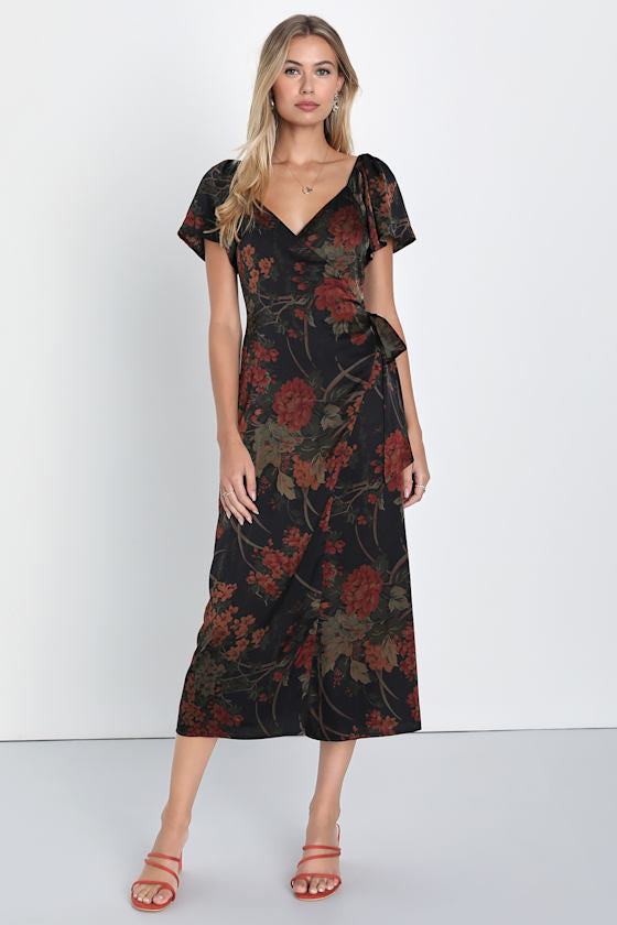 Subtle Elegance Black Floral Print Faux Wrap Midi Dress #Color_Black Floral Print