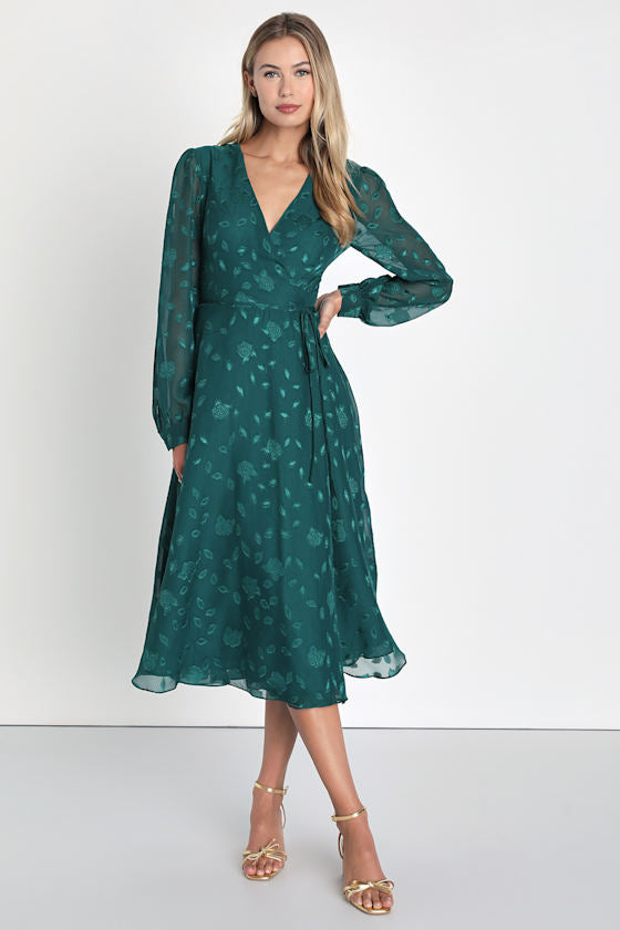 Evening of Elegance Black Floral Jacquard Wrap Midi Dress