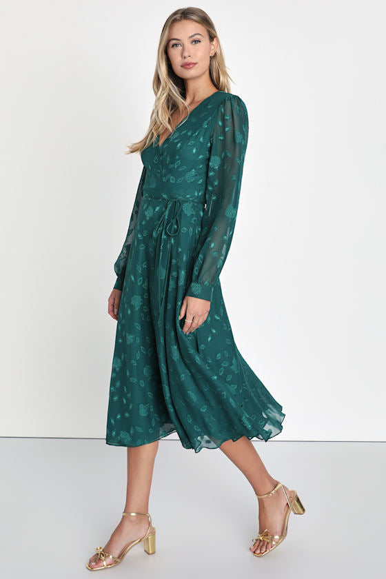 Evening of Elegance Navy Blue Floral Jacquard Wrap Midi Dress
