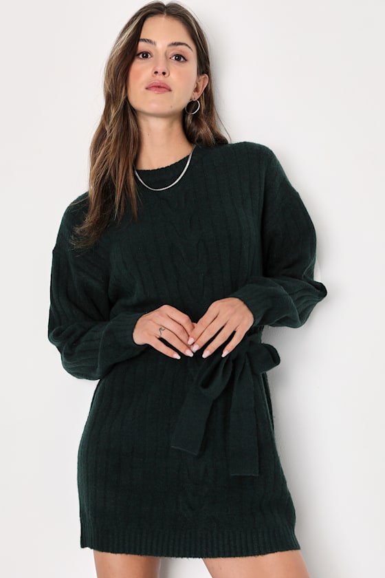 Wishing on Winter Cream Cable Knit Mini Sweater Dress #Color_Emerald Green