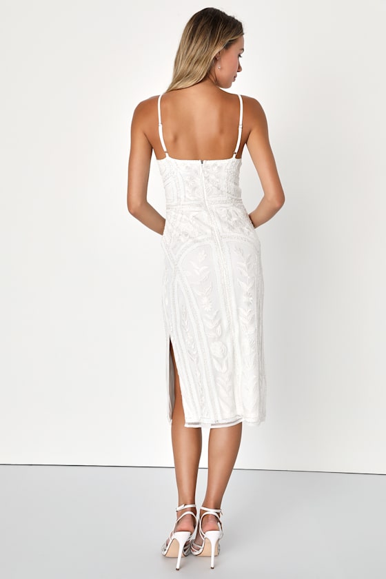 Alluring Interest White Sequin Embroidered Sleeveless Midi Dress #Color_White