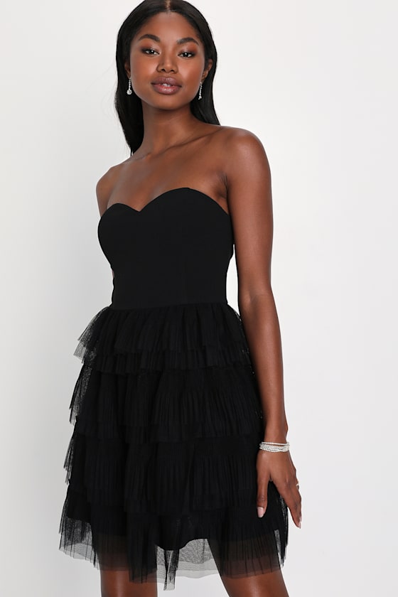 Fabulous Thoughts Black Tulle Strapless Tiered Mini Dress #Color_Black