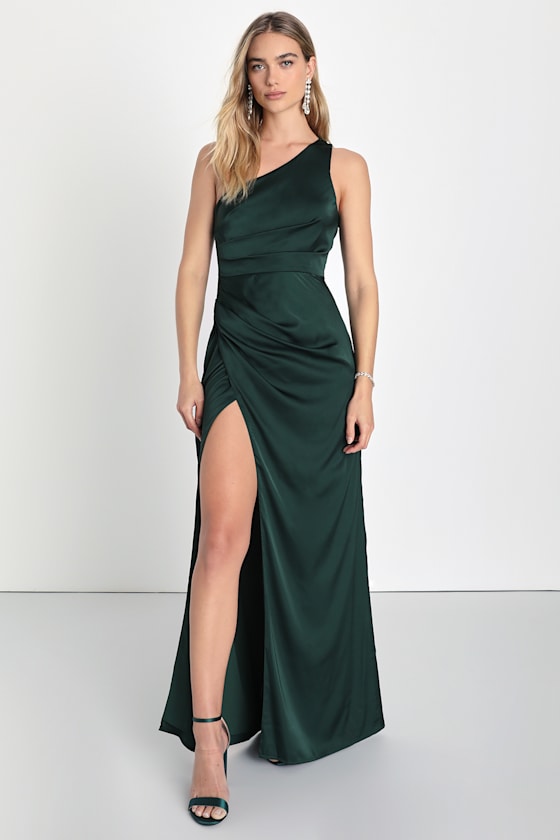 Dreaming of Elegance Wine Red Satin One-Shoulder Maxi Dress #Color_Emerald
