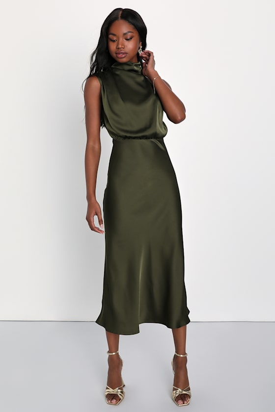 Distinctive Charm Navy Satin Asymmetrical Midi Dress #Color_Olive Green
