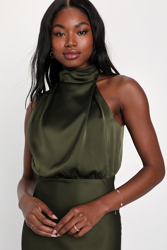 Distinctive Charm Navy Satin Asymmetrical Midi Dress