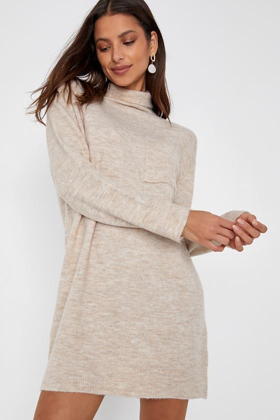 Positively Charming Heather Beige Turtleneck Mini Sweater Dress #Color_Heather Beige